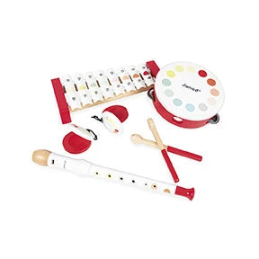 Set musical Confetti (bois) 2 a 5 ans (flûte, tambourin,castagnette xylophone)